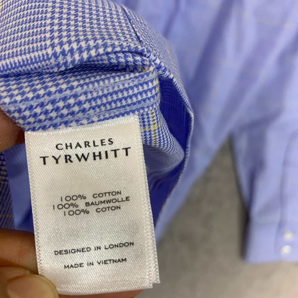 NWOT Charles Tyrwhitt Men's 16.5 Blue Cotton Plaid Slim Fit Dress Shirt - Picture 7 of 10